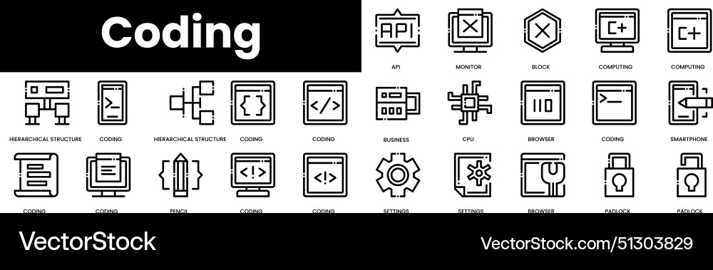 Set of outline coding icons minimalist thin vector image