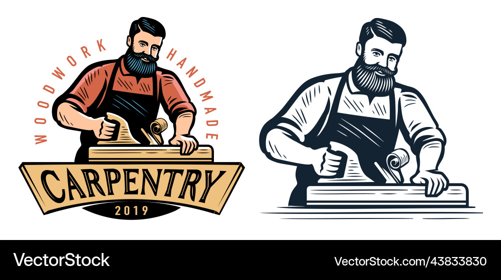 Carpenter with planing tool carpentry work emblem Carpenter with planing tool carpentry work emblem vector image