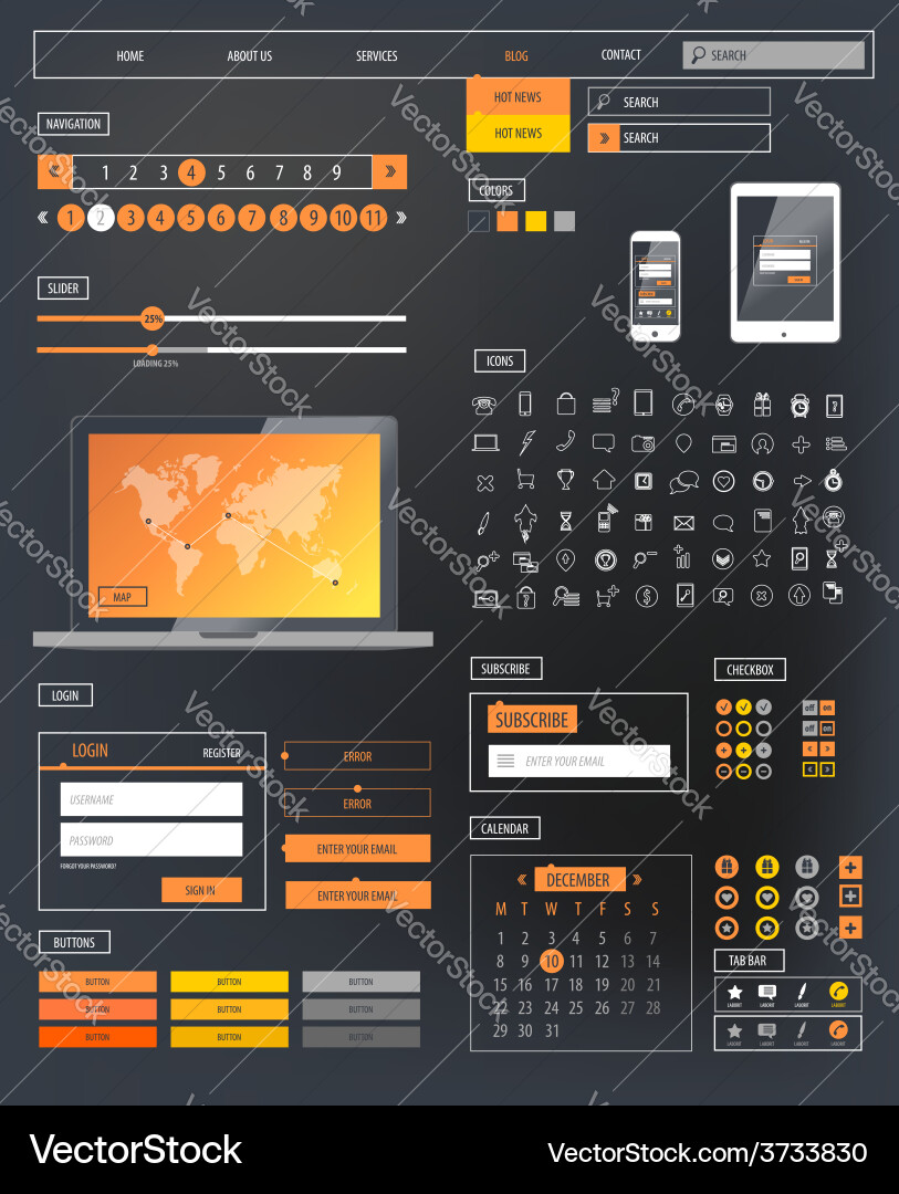 Ui kit responsive web design icons template mockup vector image