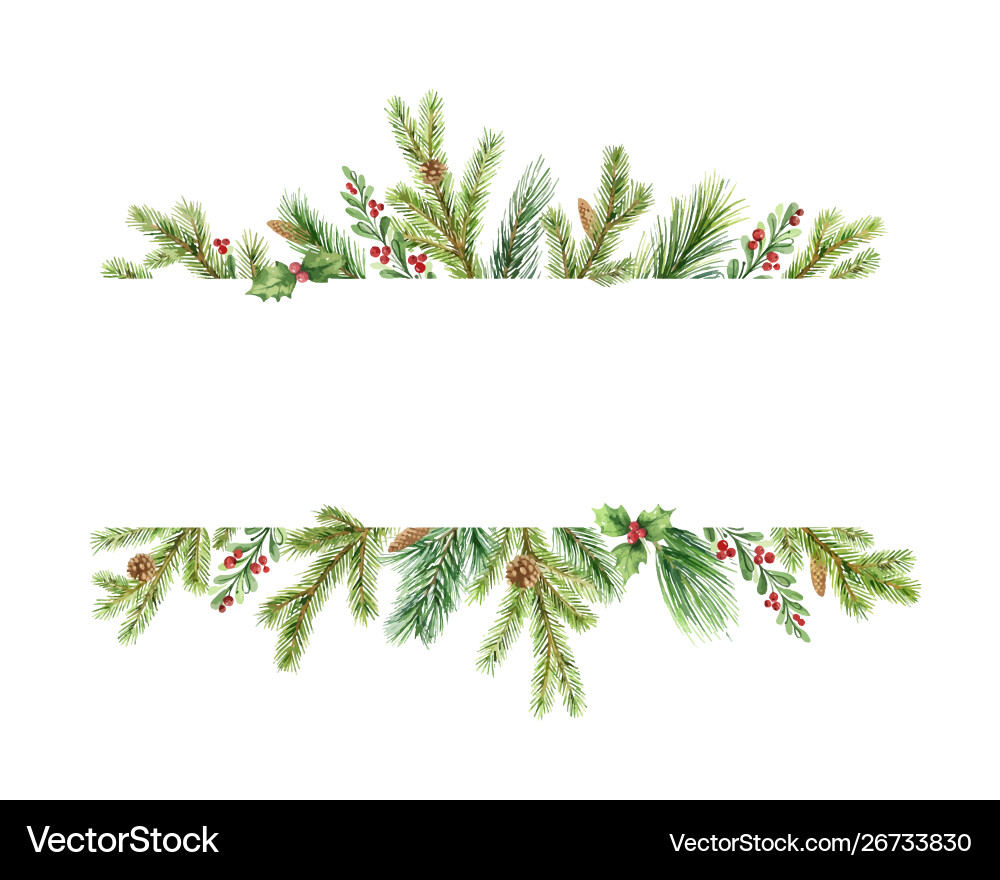 Watercolor Christmas Banner - Pine & Holly vector image