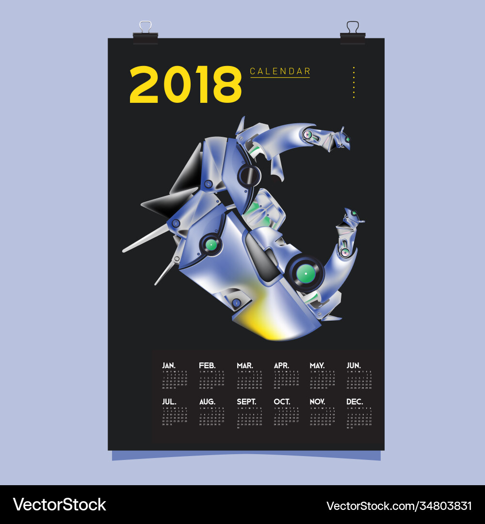 2018 calendar design template 3d realistic robot vector image