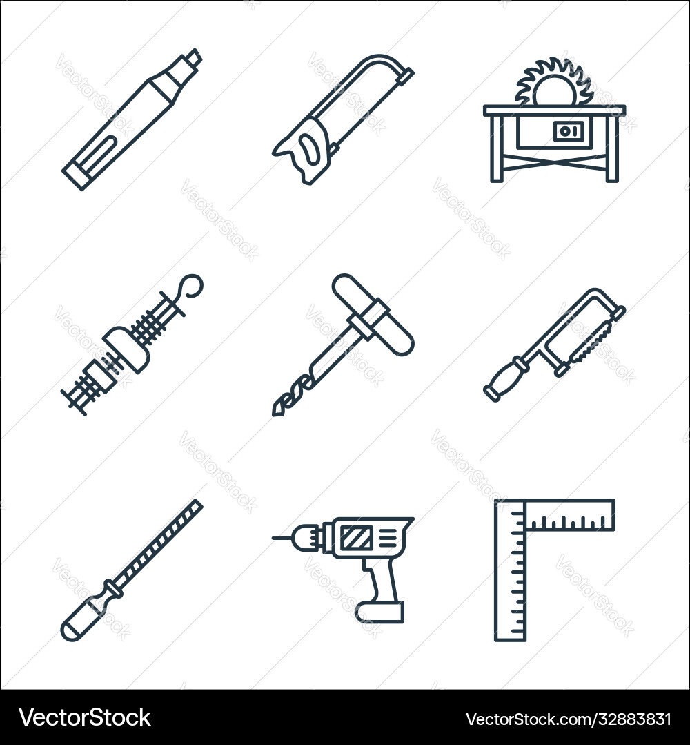 Carpentry line icons linear set quality Carpentry line icons linear set quality vector image