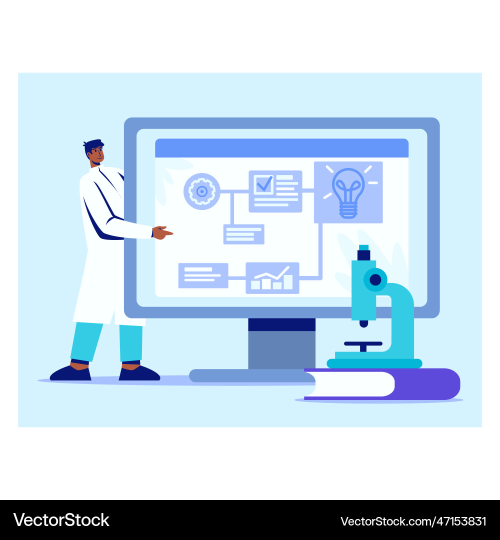 Man standing near big computer screen and point Vector Image