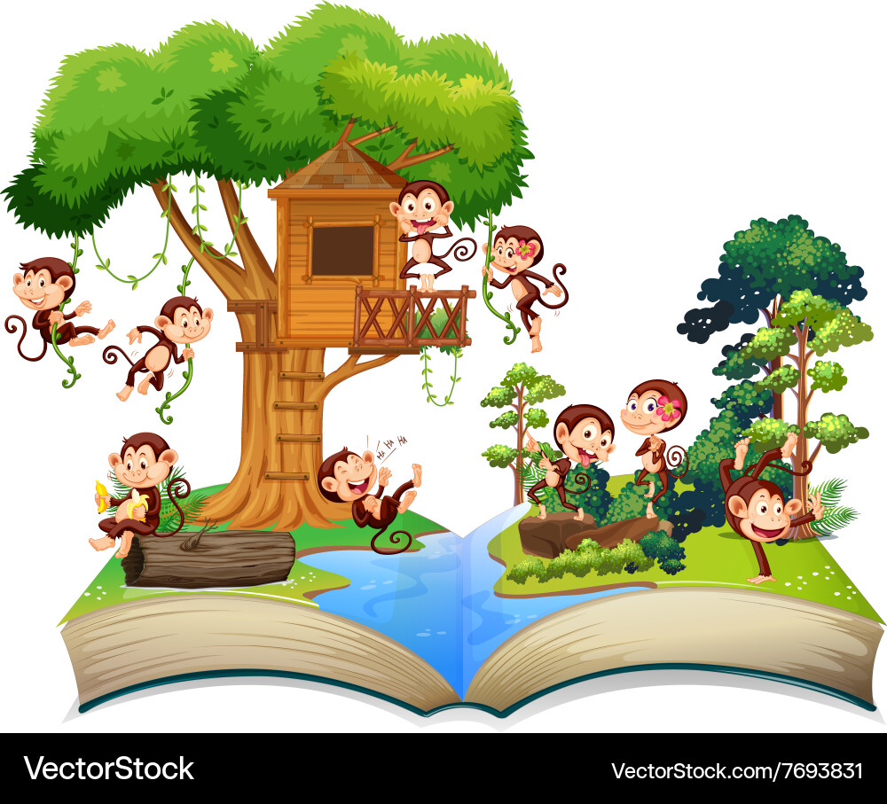 Monkeys playing at the treehouse Vector Image