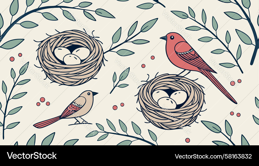Charming Birds and Nest Spring Pattern Vector Image