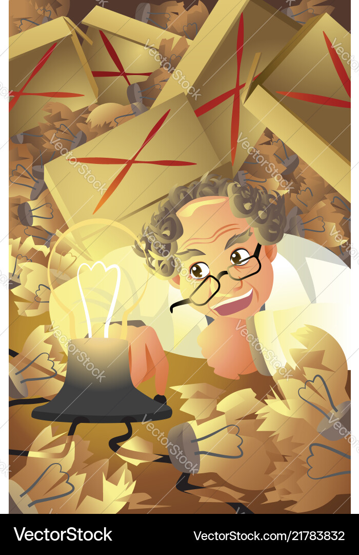 Inventor with stack of broken light bulb vector image