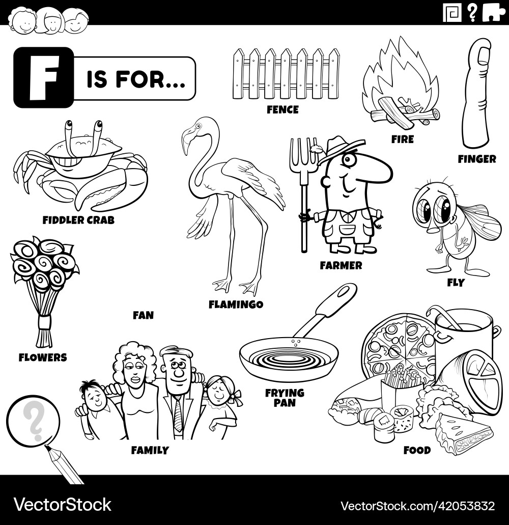 Letter f words educational set coloring book page Letter f words educational set coloring book page vector image