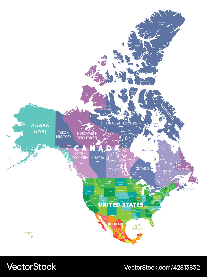 North America Map - US, Canada & Mexico Vector Image