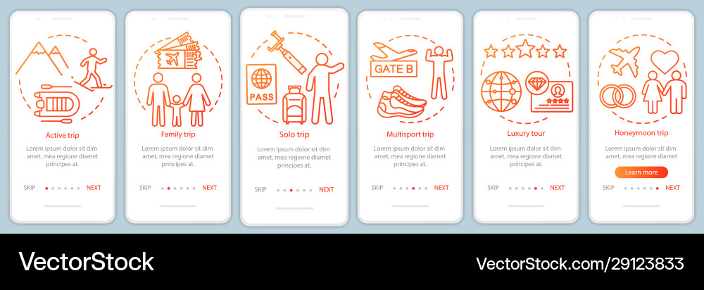 Travel styles onboarding mobile app page screen Travel styles onboarding mobile app page screen vector image