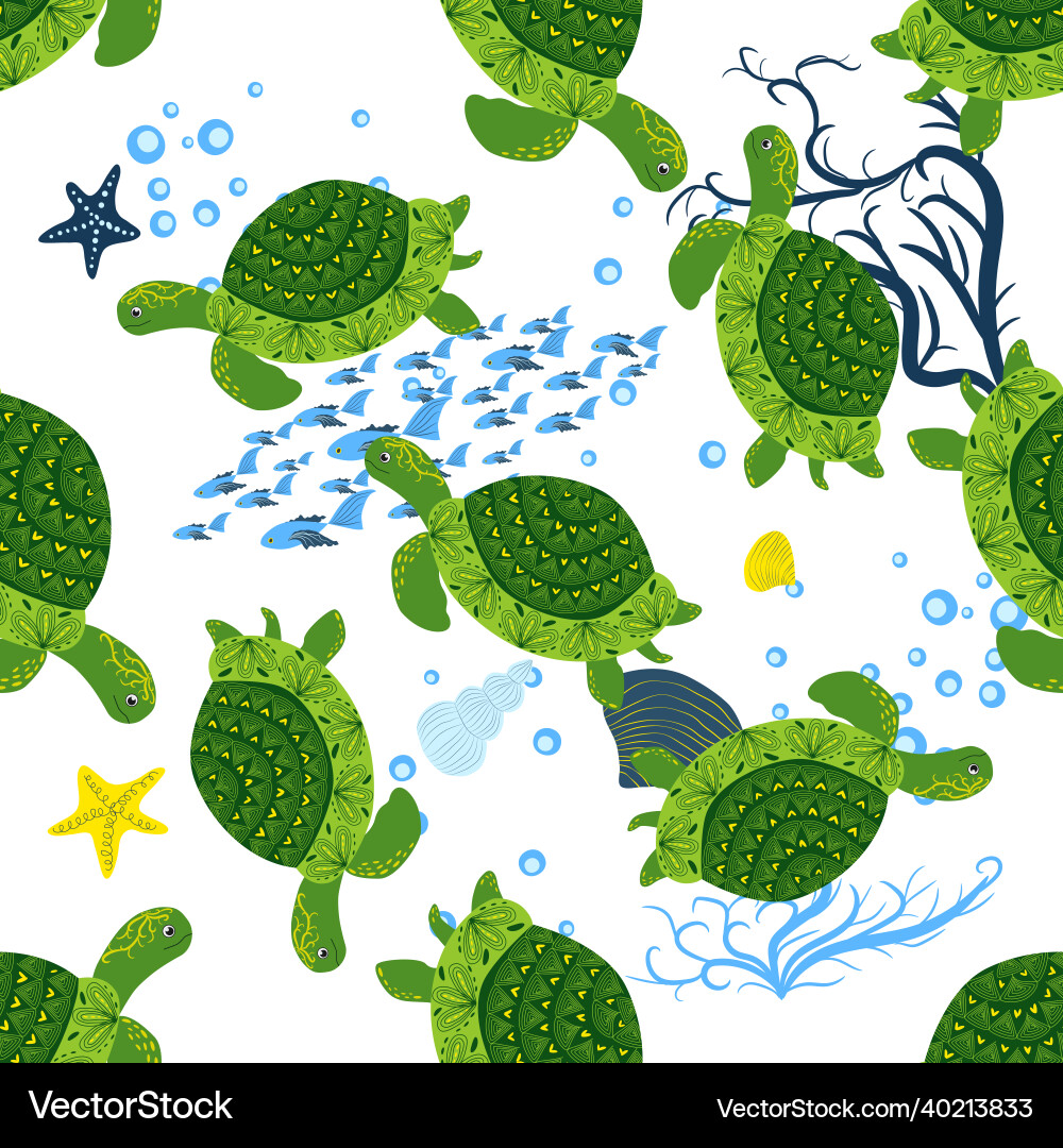 Turtle green seamless pattern beautiful character Turtle green seamless pattern beautiful character vector image