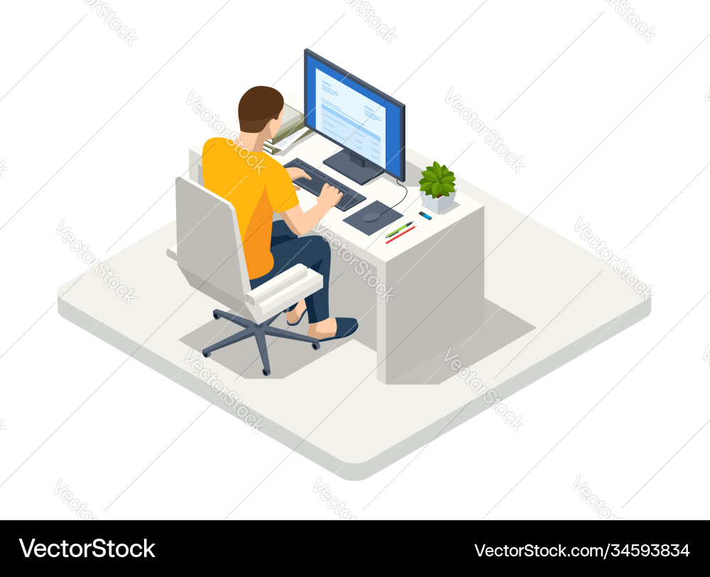 Isometric business man working at home with laptop vector image