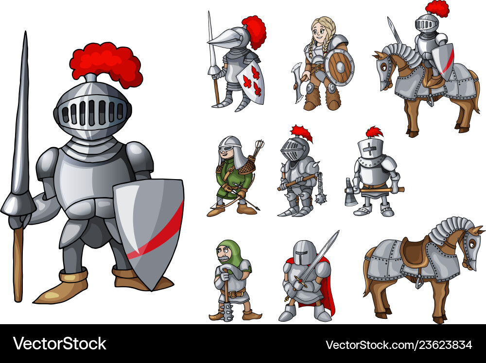 Set von mittelalterlichen Ritterfiguren stehen Set von mittelalterlichen Ritterfiguren stehen vektorbild
