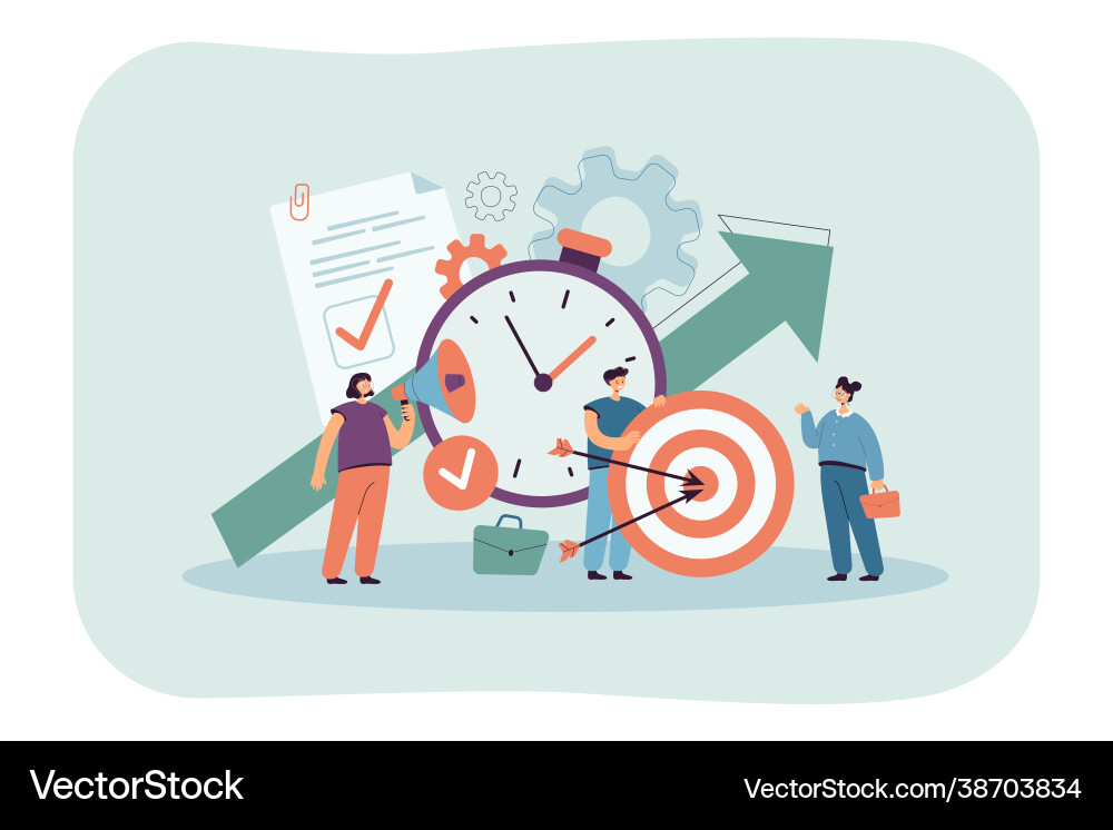 Tiny people with clock checklist and target Tiny people with clock checklist and target Vector Image