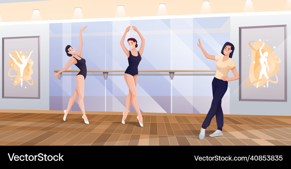 Ballerinas dancing with trainer in studio at class Ballerinas dancing with trainer in studio at class vector image