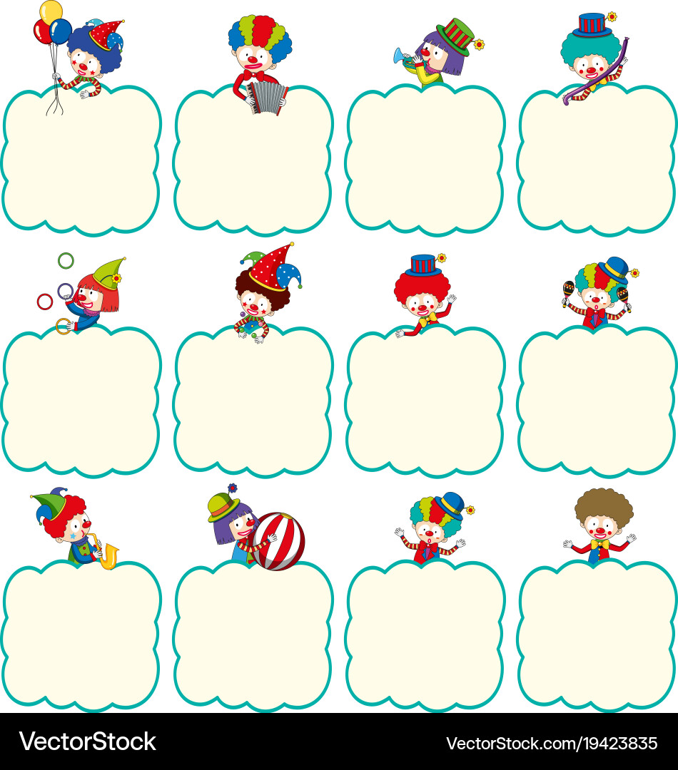 Border template with clowns in different actions vector image