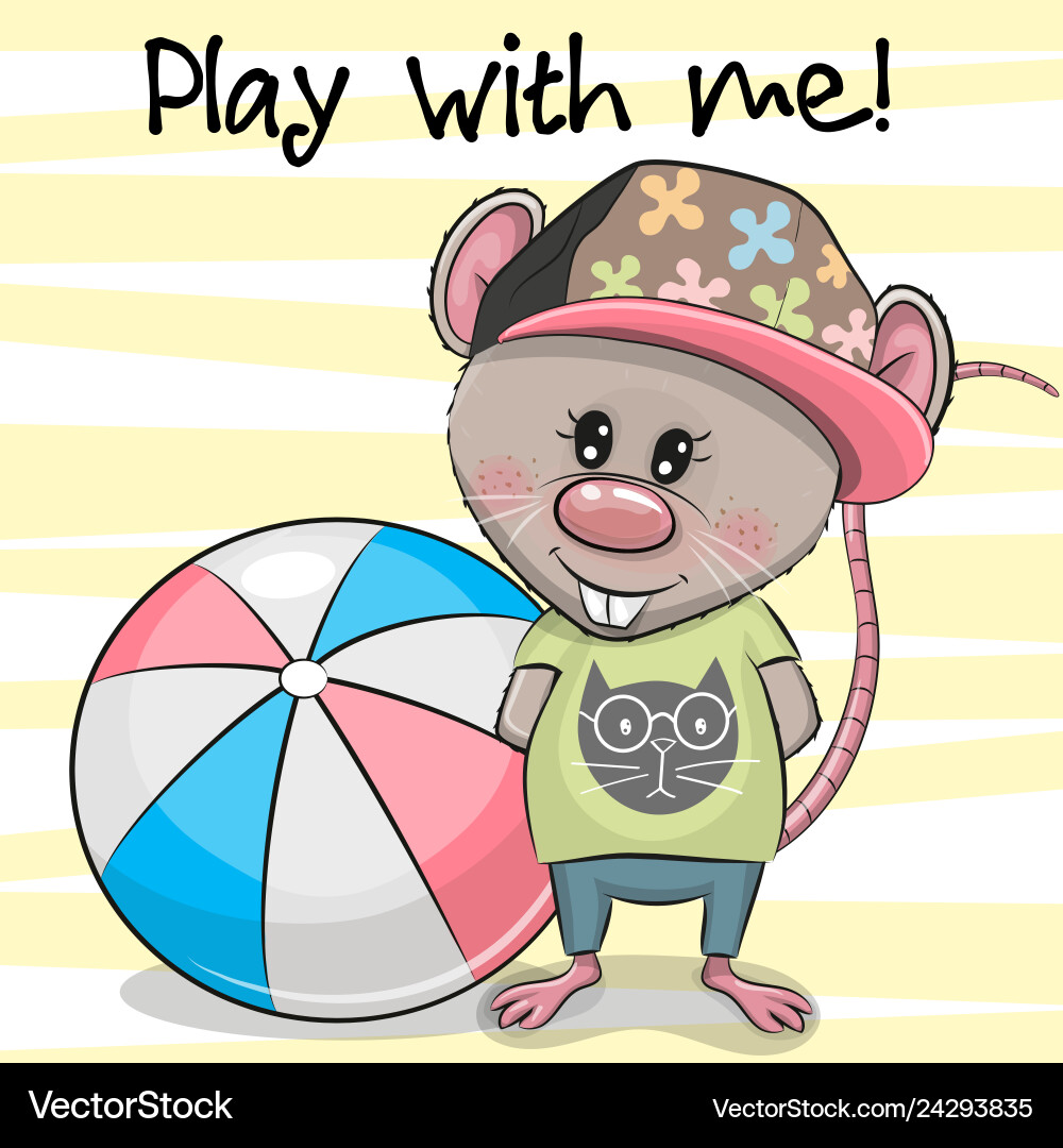 Cute cartoon rat with a ball on yellow Cute cartoon rat with a ball on yellow vector image