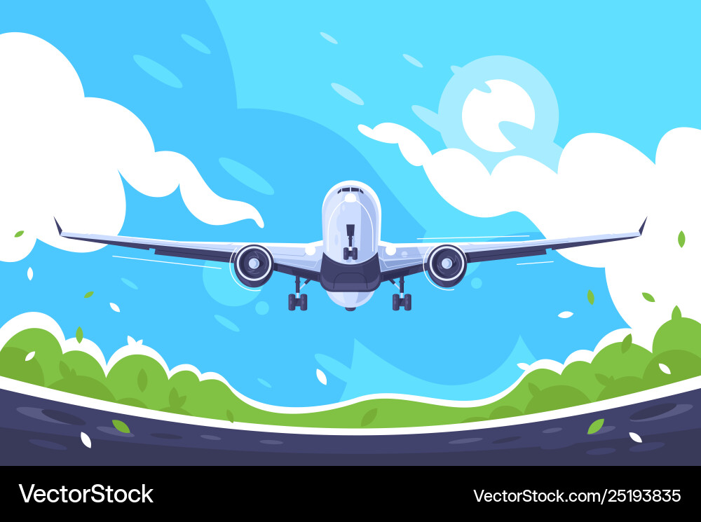 Flat aircraft takes off on blue sky background Flat aircraft takes off on blue sky background vector image