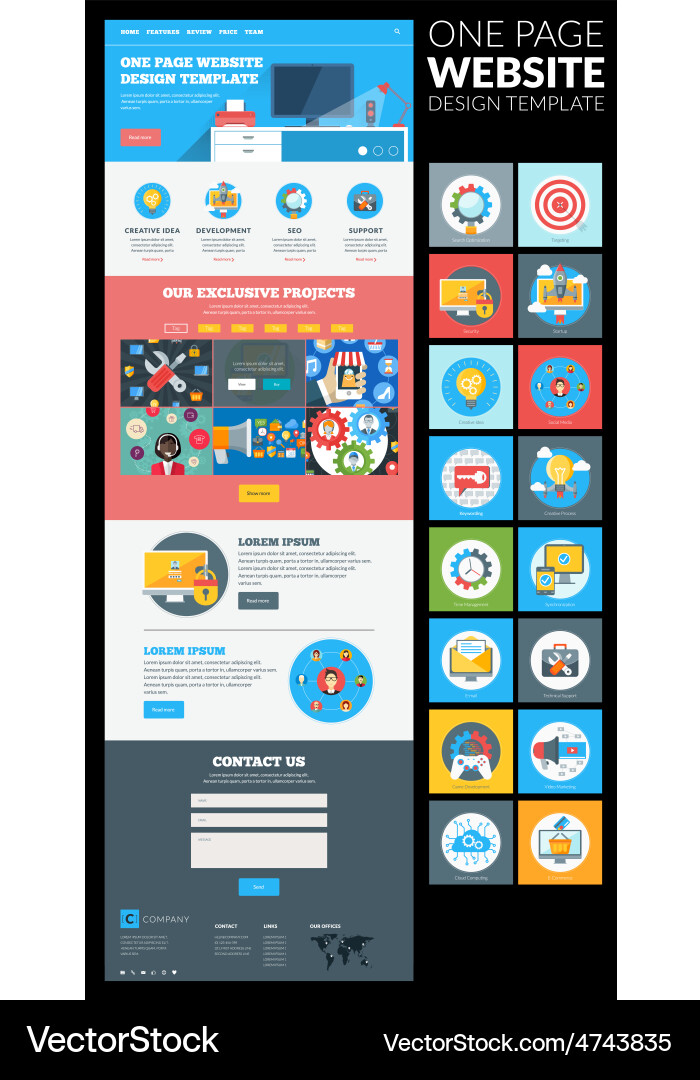 One page website template in flat style with icon vector image