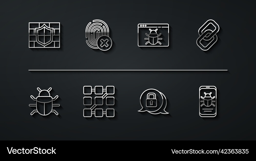 Set line shield with brick wall system bug chain Set line shield with brick wall system bug chain vector image