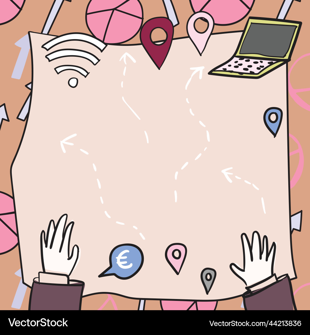 Hands on blueprint with routes and ways leading Vector Image
