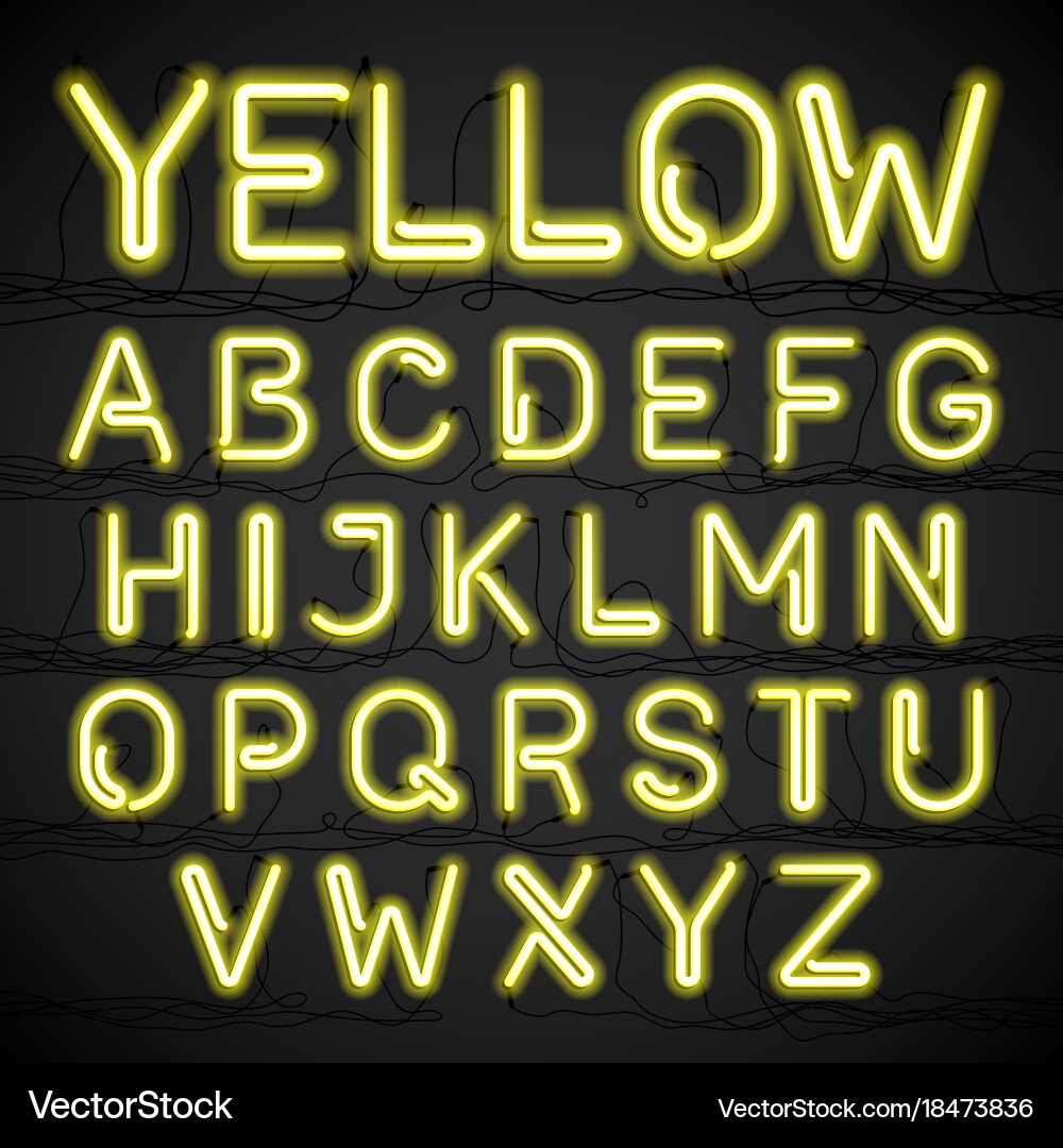Yellow neon light alphabet with cable vector image