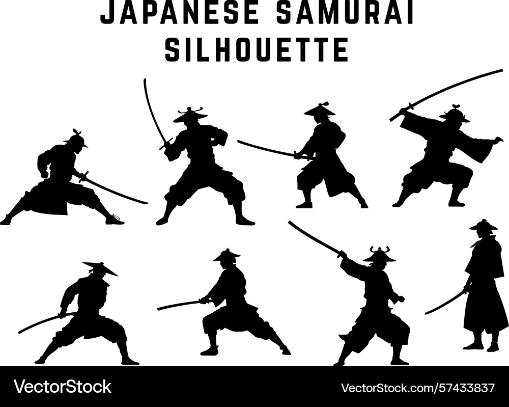 Samurai warrior set using swords in combat action Vector Image