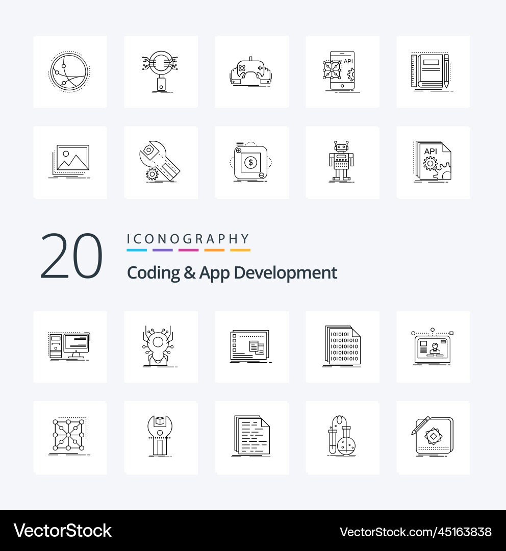 20 coding and app development line icon pack like vector image