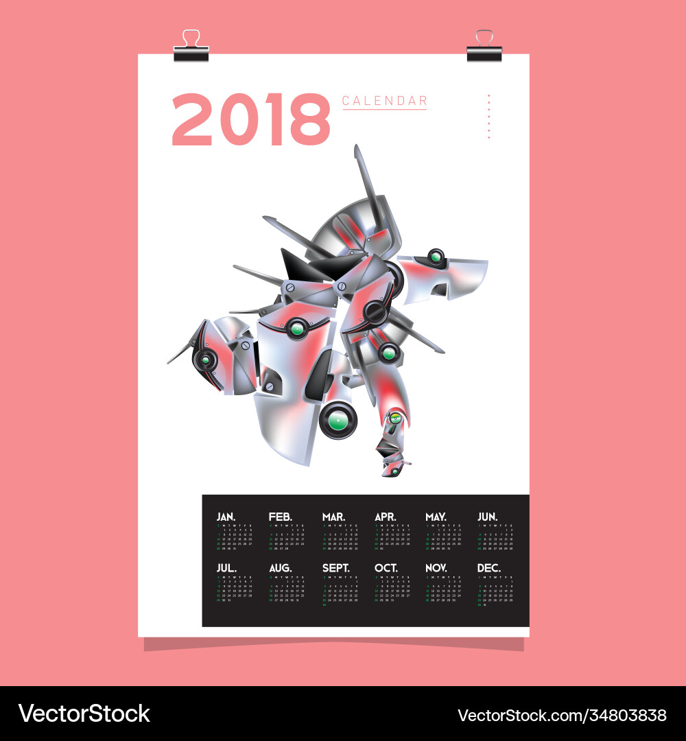 2018 calendar design template 3d realistic robot vector image