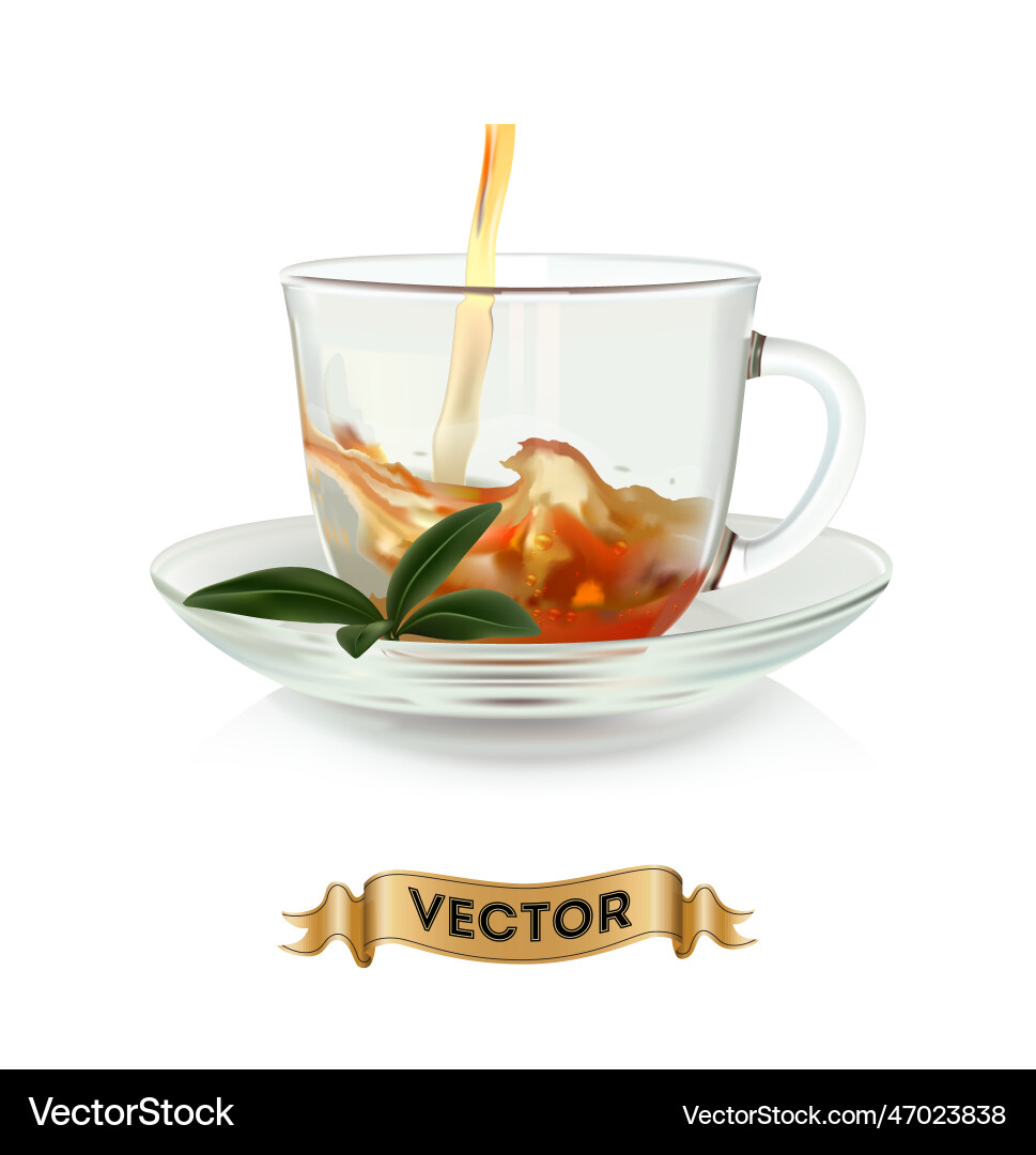 Cups of tea with green leaves on white background Cups of tea with green leaves on white background vector image