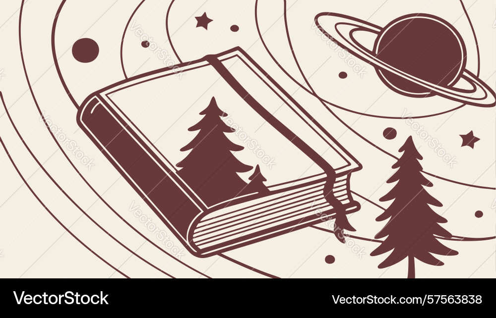 Open book with pine trees and celestial planet Vector Image