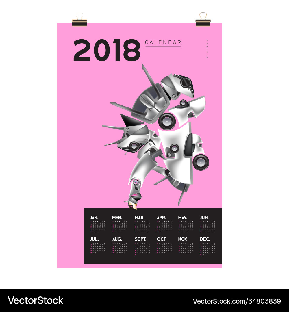 2018 calendar design template 3d realistic robot vector image