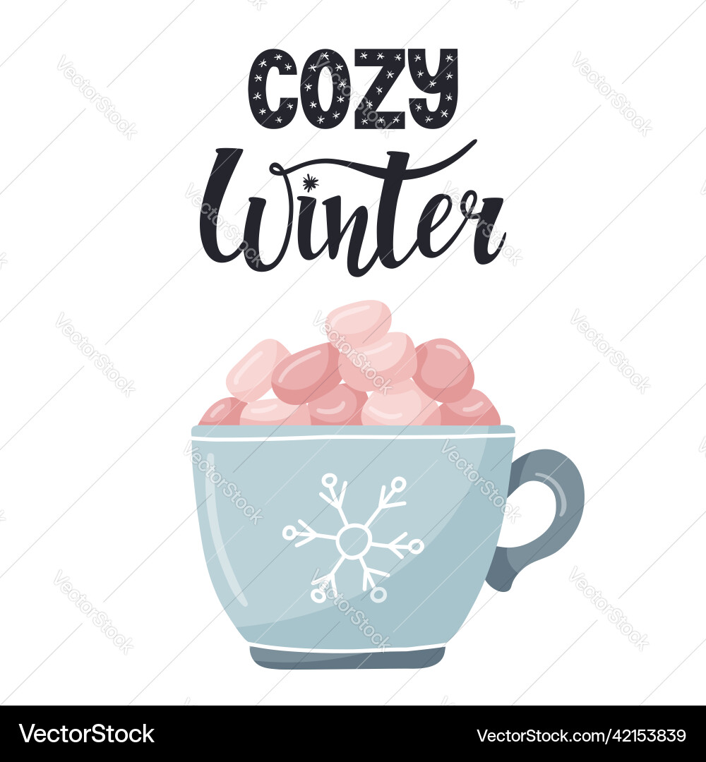 A postcard with mug snowflake and cocoa A postcard with mug snowflake and cocoa vector image