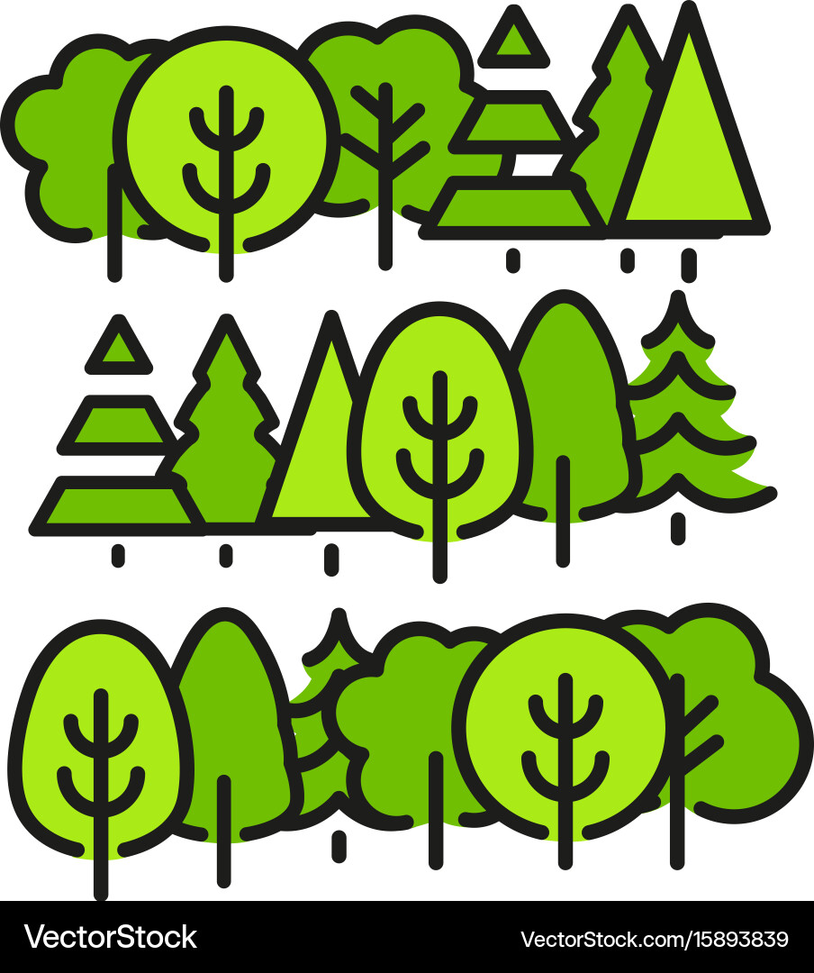 Isolated green color trees in lineart style set vector image