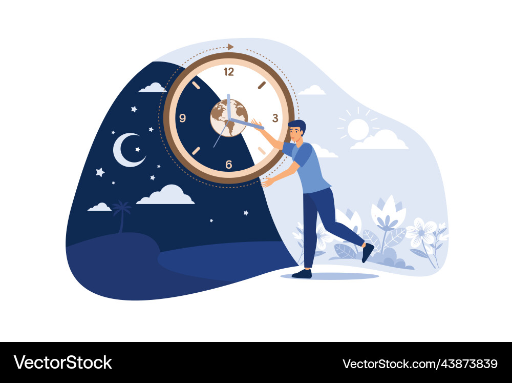 Man moving clock arrows and managing time planet Man moving clock arrows and managing time planet vector image