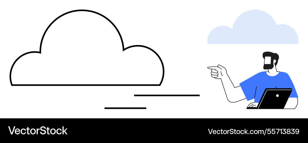 Man with laptop pointing at cloud conceptualizing Man with laptop pointing at cloud conceptualizing Vector Image