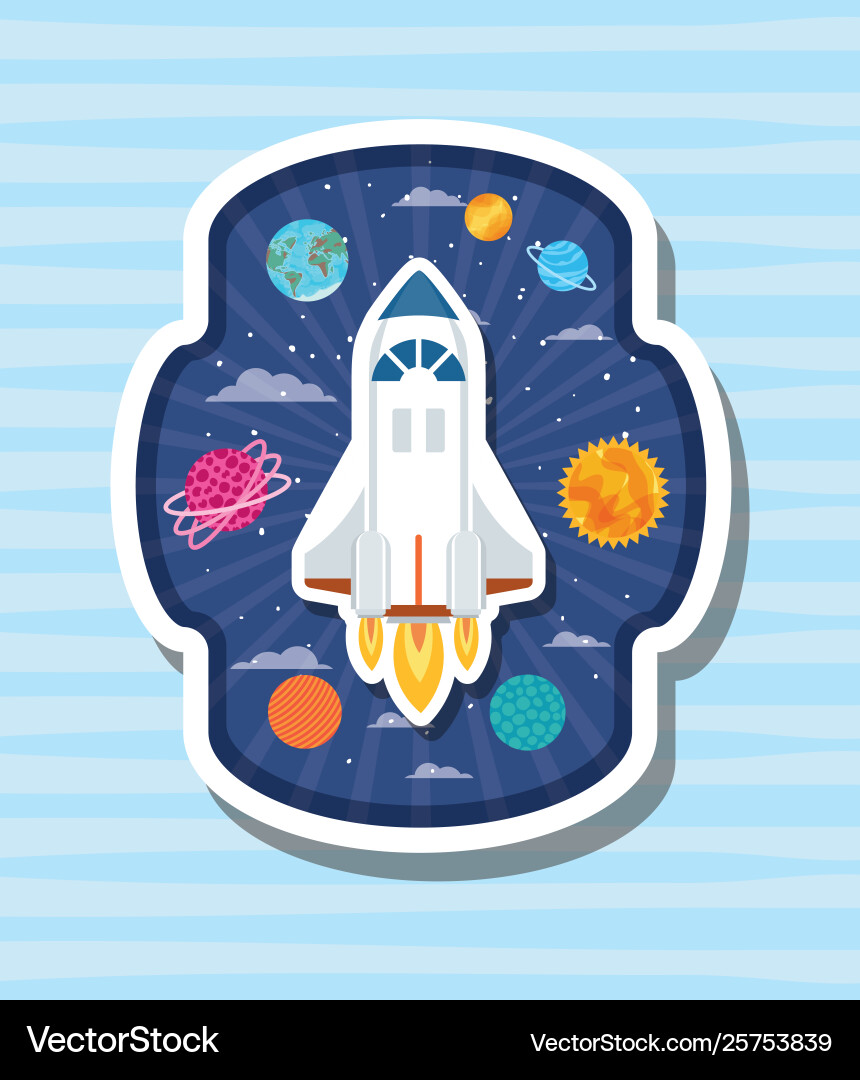 Rocket over label with planets design vector image