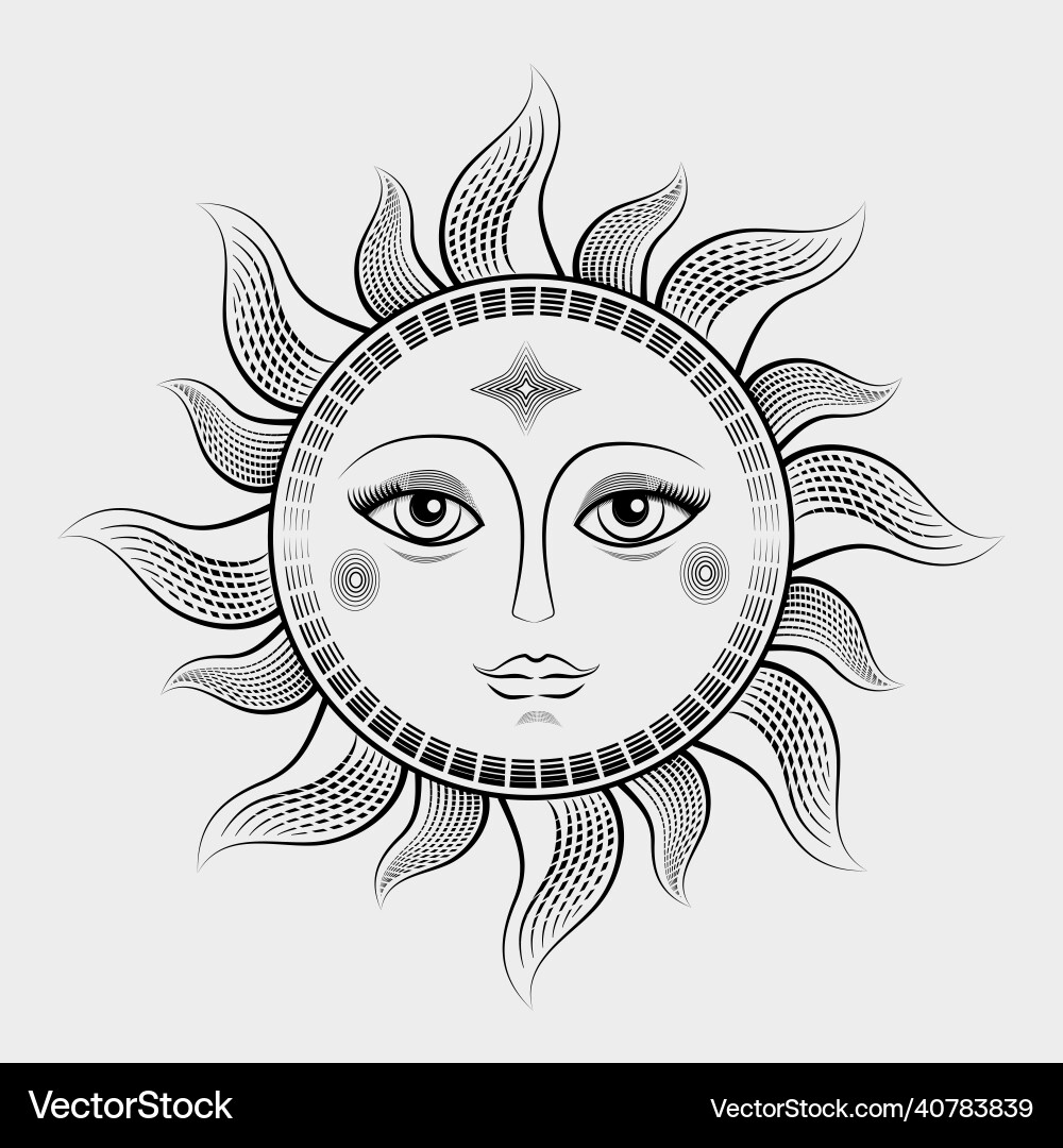 Vintage Sonne mit Gesicht und geöffneten Augen mystisch Vintage Sonne mit Gesicht und geöffneten Augen mystisch vektorbild
