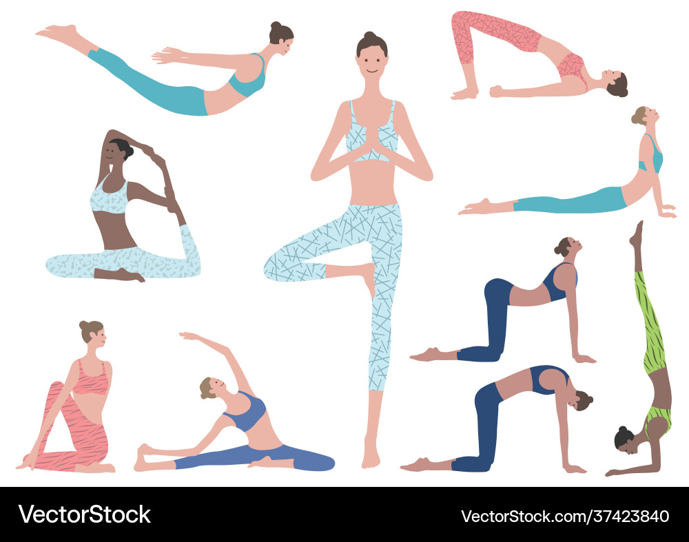 Flat set woman doing yoga exercise Flat set woman doing yoga exercise Vector Image