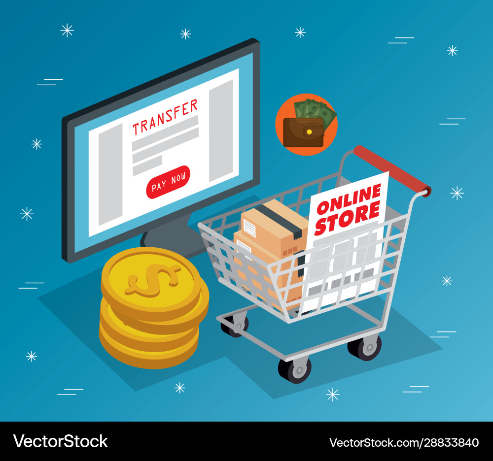 Online store with computer and icons Online store with computer and icons Vector Image