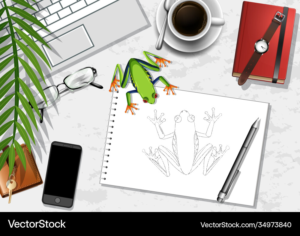 Top view office work table with elements Top view office work table with elements vector image