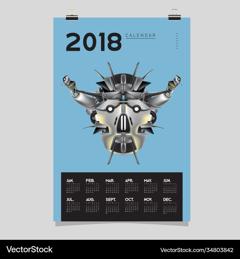 2018 calendar design template 3d realistic robot 2018 calendar design template 3d realistic robot vector image