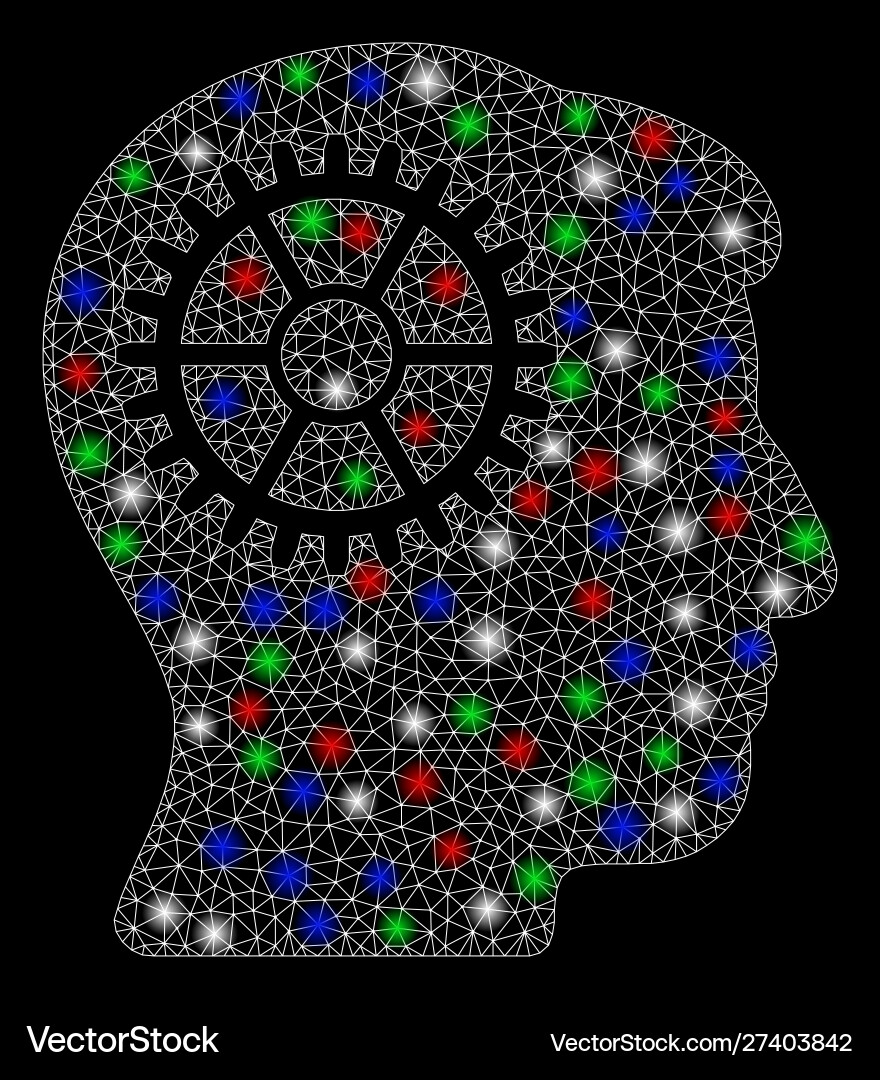 Bright mesh 2d intellect cog with flash spots Bright mesh 2d intellect cog with flash spots vector image