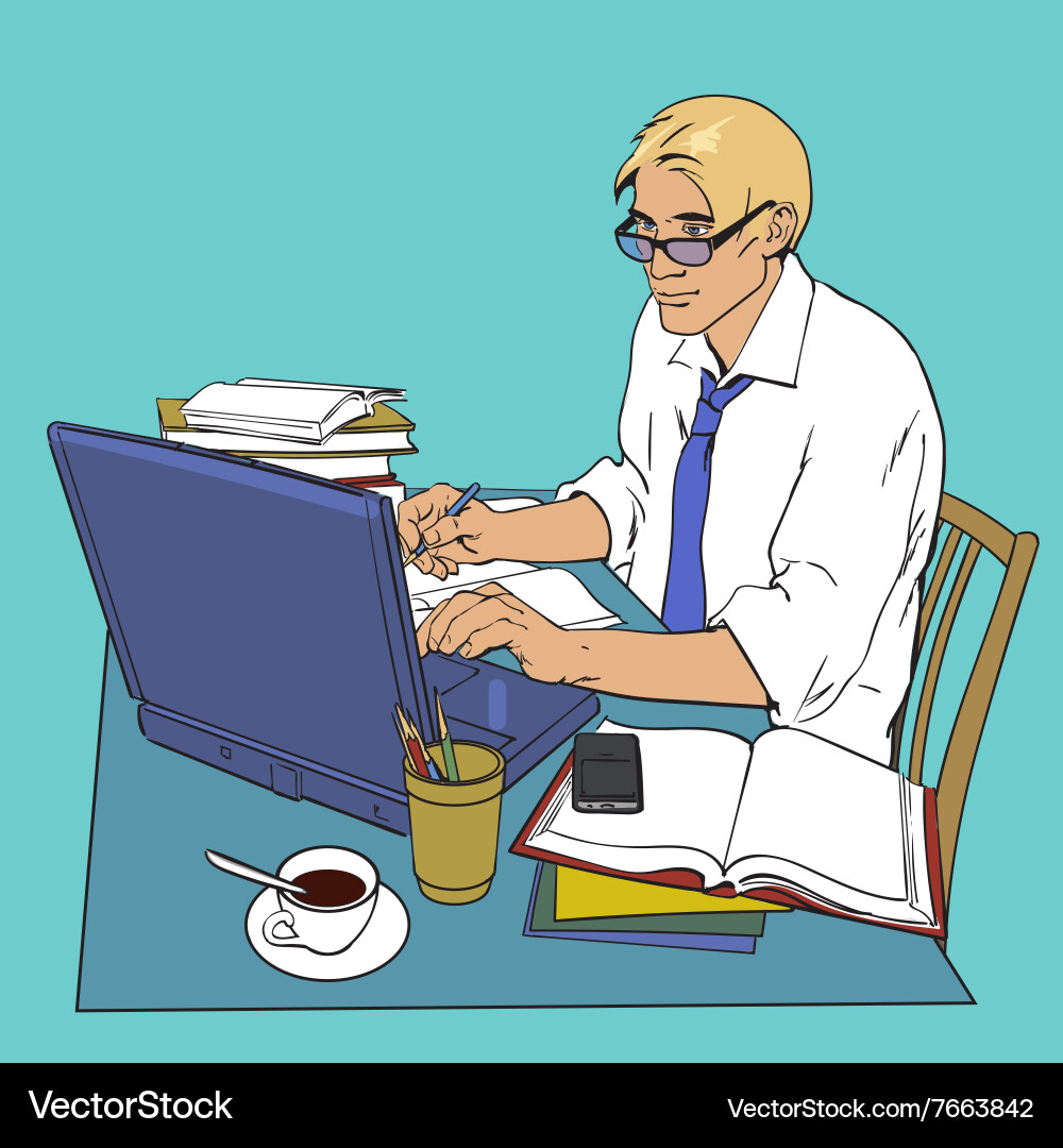 Man at work and a large number of documents vector image