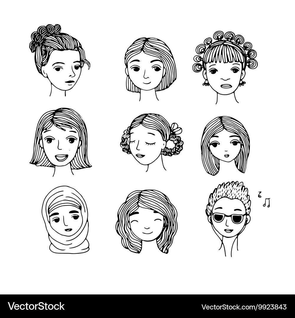 Different faces hand drawing isolated objects vector image