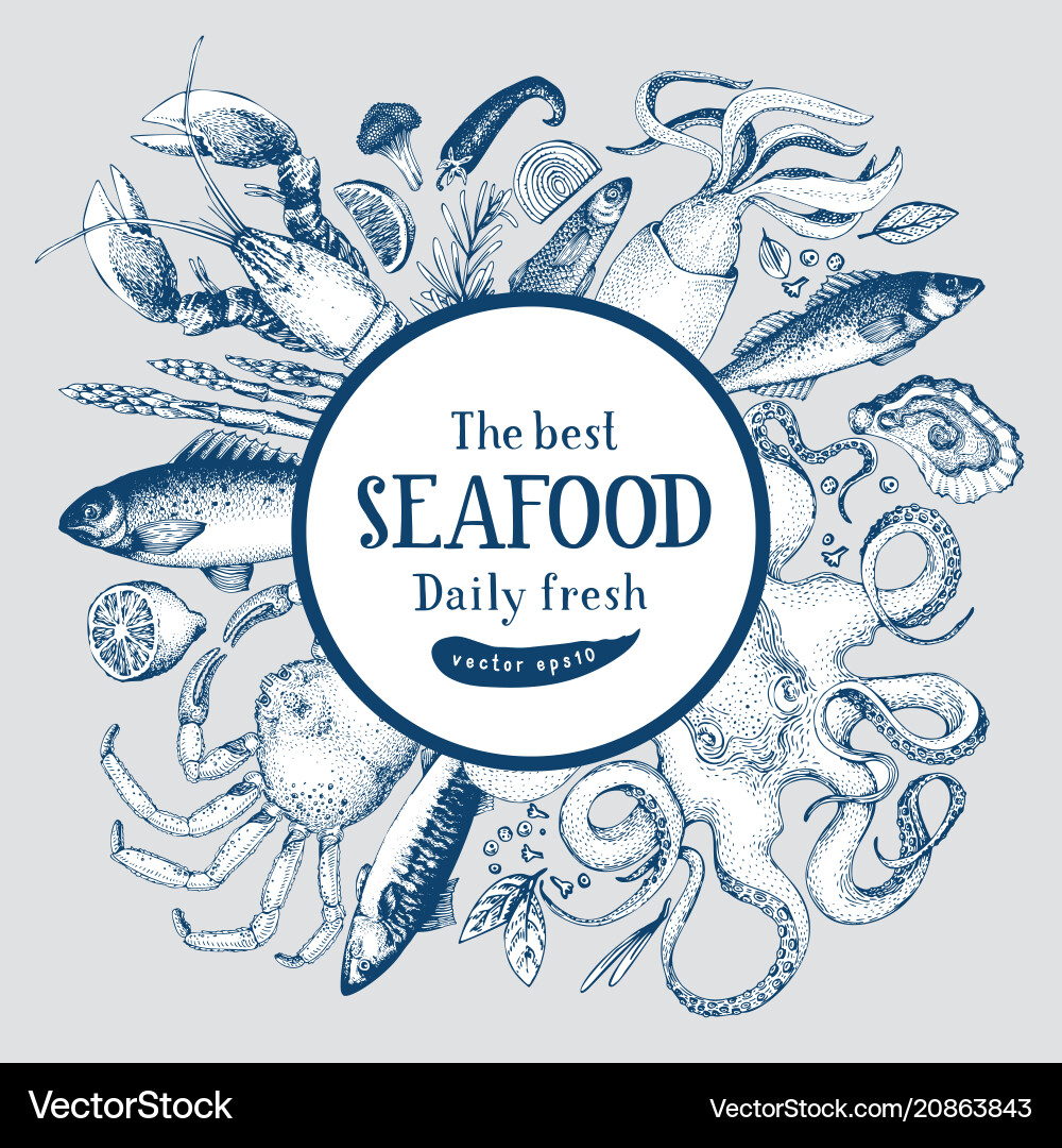 Hand drawn frame with seafood and fishes vector image