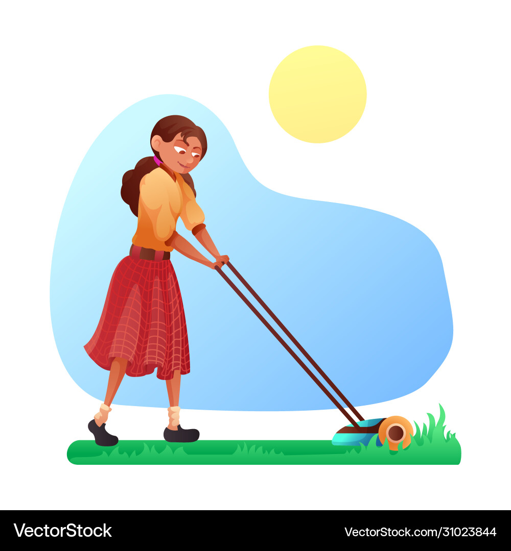 Cartoon junge Frau mähen Gras mit Rasenmäher Cartoon junge Frau mähen Gras mit Rasenmäher vektorbild
