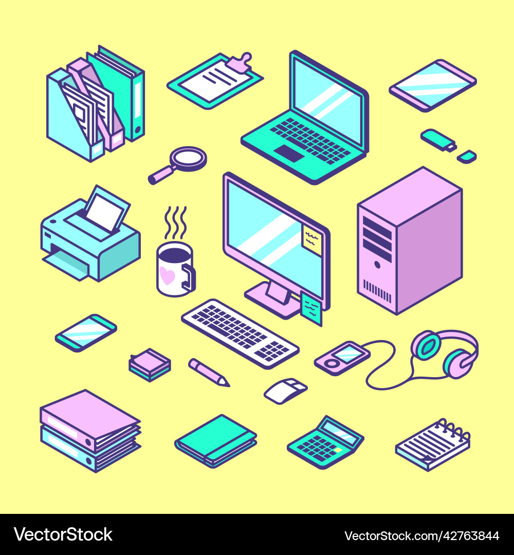 Isometric office workspace manager objects Isometric office workspace manager objects vector image