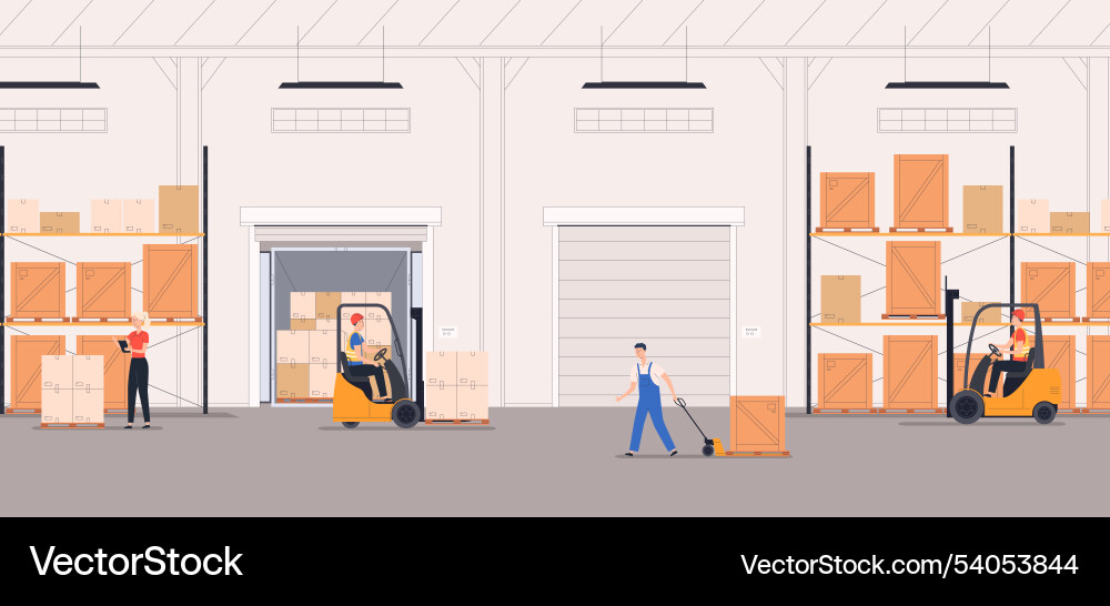 Warehouse with workers and loaders storage Warehouse with workers and loaders storage vector image