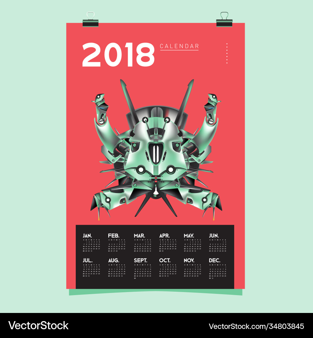 2018 calendar design template 3d realistic robot vector image