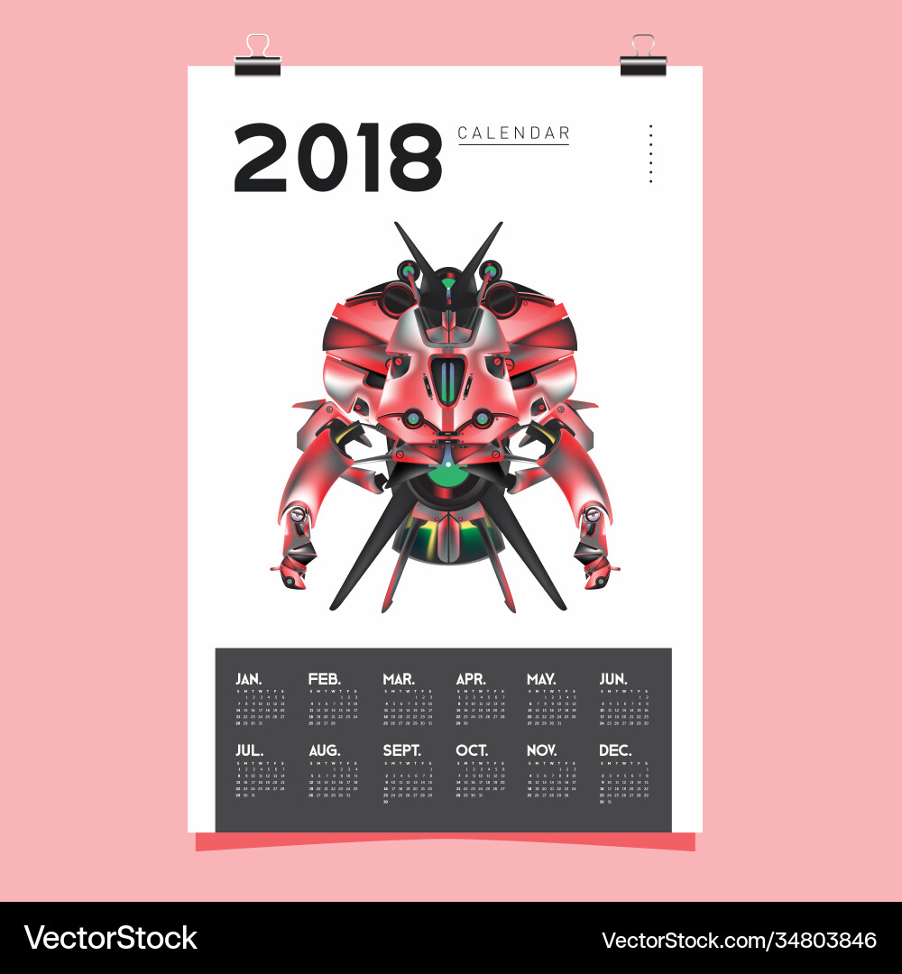 2018 calendar design template 3d realistic robot 2018 calendar design template 3d realistic robot vector image